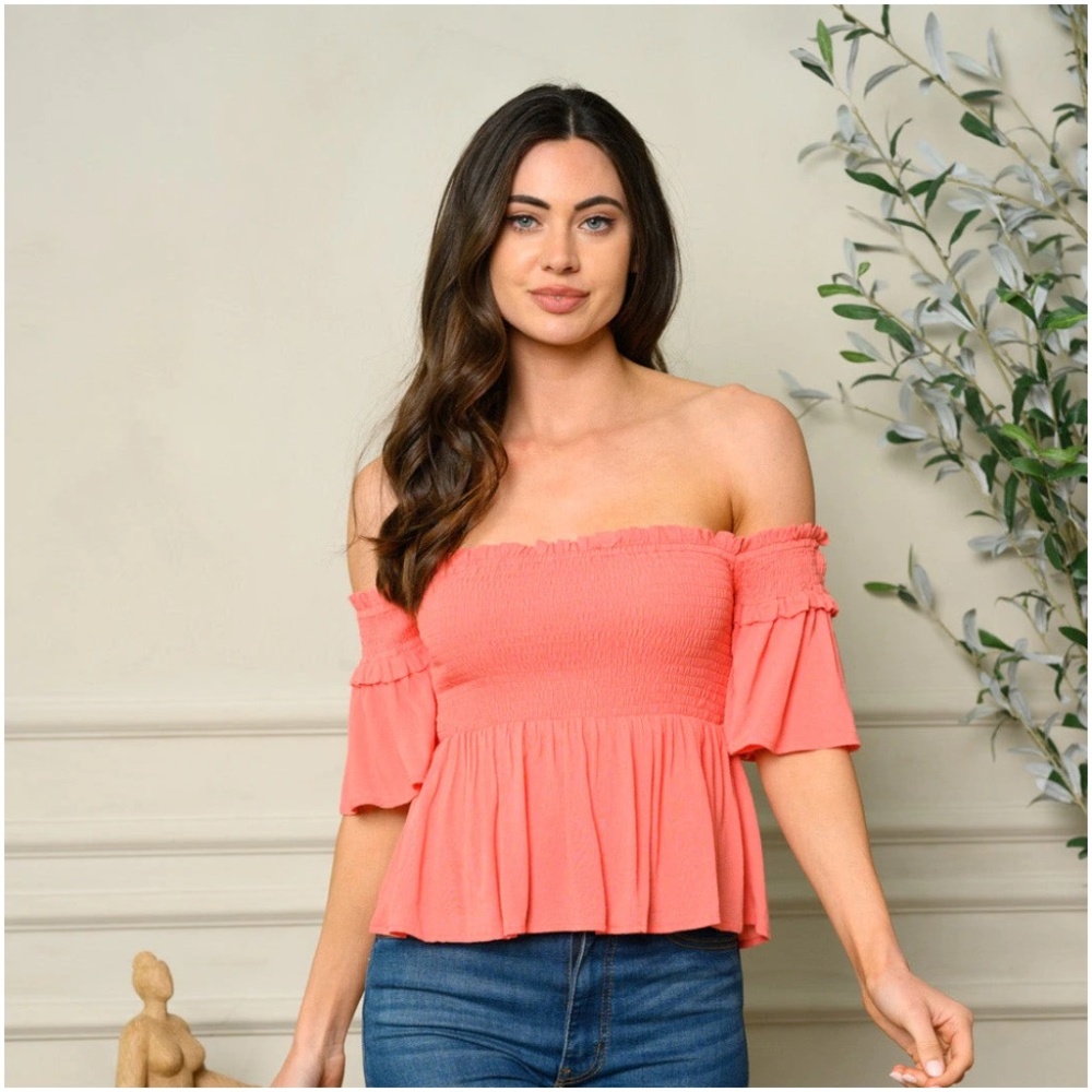 OFF SHOULDER SMOCKED RUFFLE TOP - Picture 2 of 4